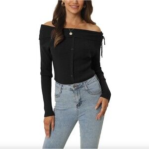 New Seta T Women's Off Shoulder Ribbed Knit Casual Long Sleeve Solid Sweater, S